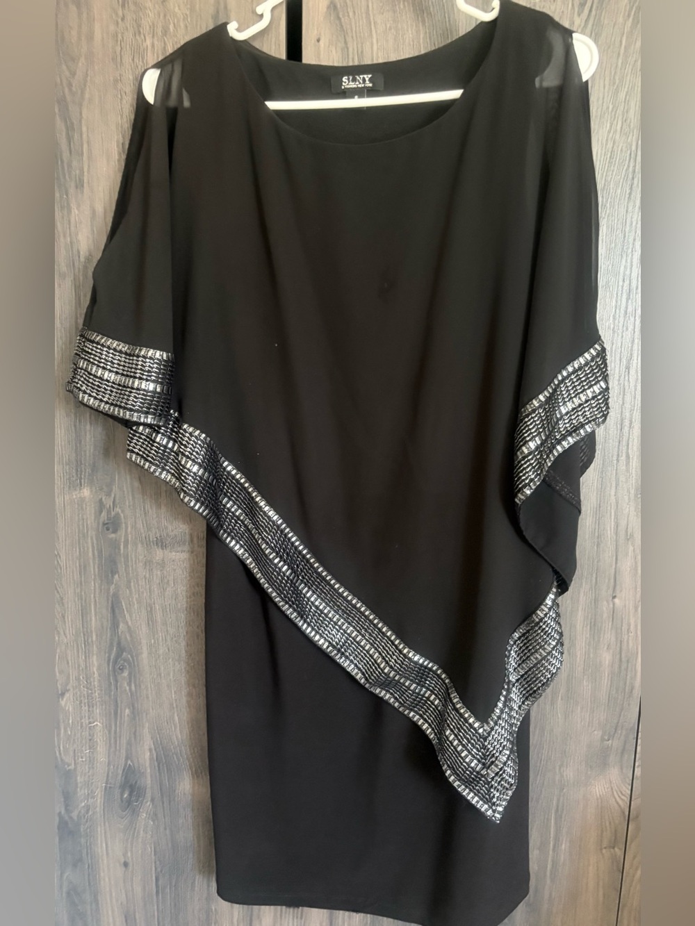 SLNY Black Dress with Silver-Trimmed Asymmetrical Poncho